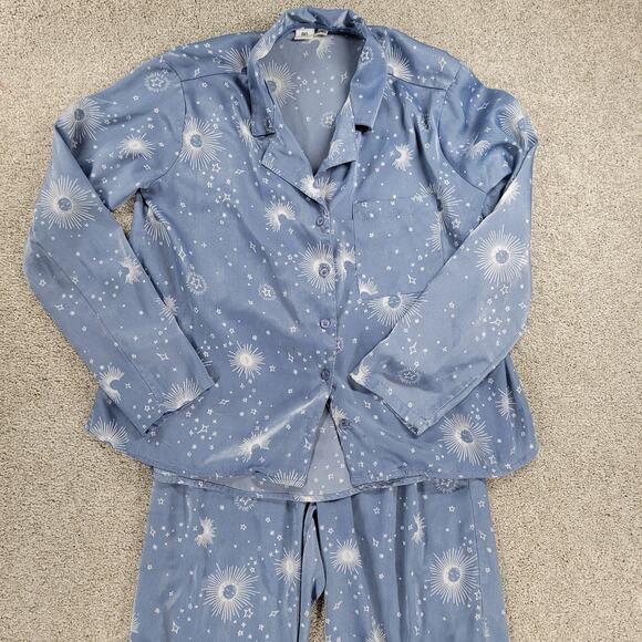 BP Celestial Pajamas Set Womens XS Blue White Sun Stars Moon Pants Button Top - Picture 3 of 16
